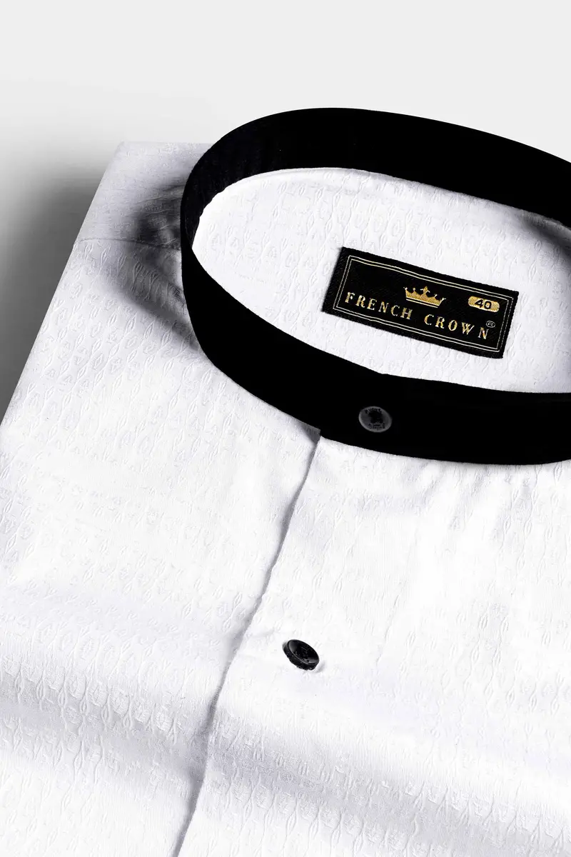 Bright White With Black Collar Jacquard Textured Premium Giza Cotton Shirt 1