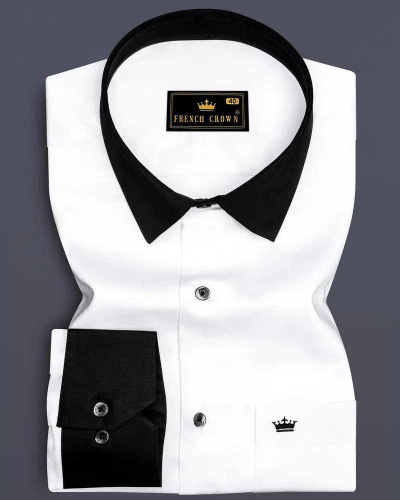 Bright White With Black Collar Subtle Sheen Premium Cotton Shirt 1