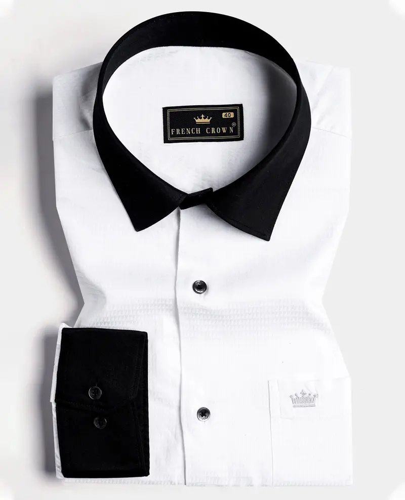 Bright White With Black Cuffs And Collar Dobby Textured Premium Giza Cotton Shirt 1
