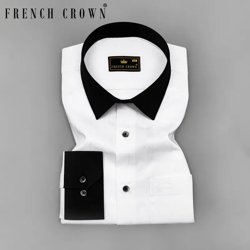 Bright White With Black Cuffs And Collar Dobby Textured Premium Giza Cotton Shirt 1