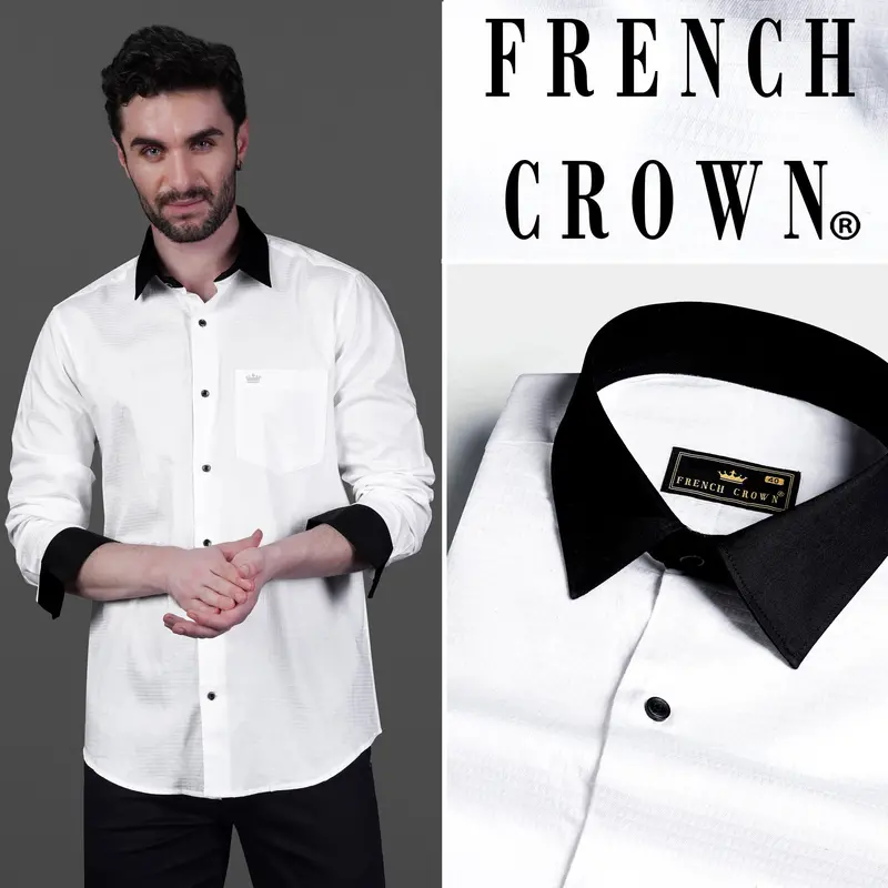 Bright White With Black Cuffs And Collar Dobby Textured Premium Giza Cotton Shirt 10