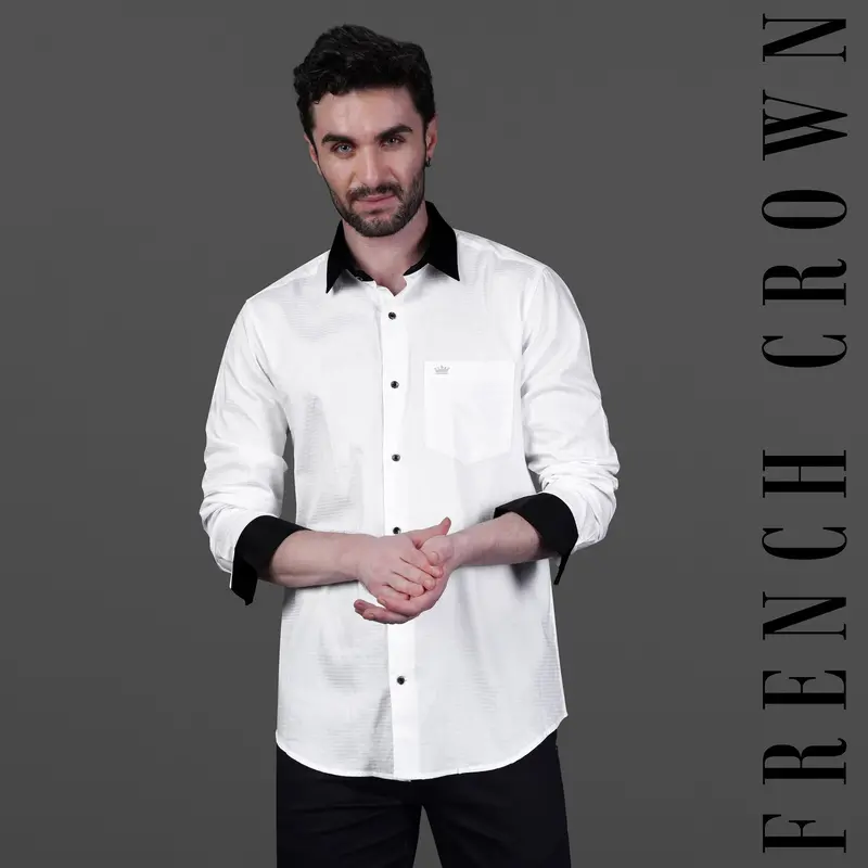 Bright White With Black Cuffs And Collar Dobby Textured Premium Giza Cotton Shirt 11