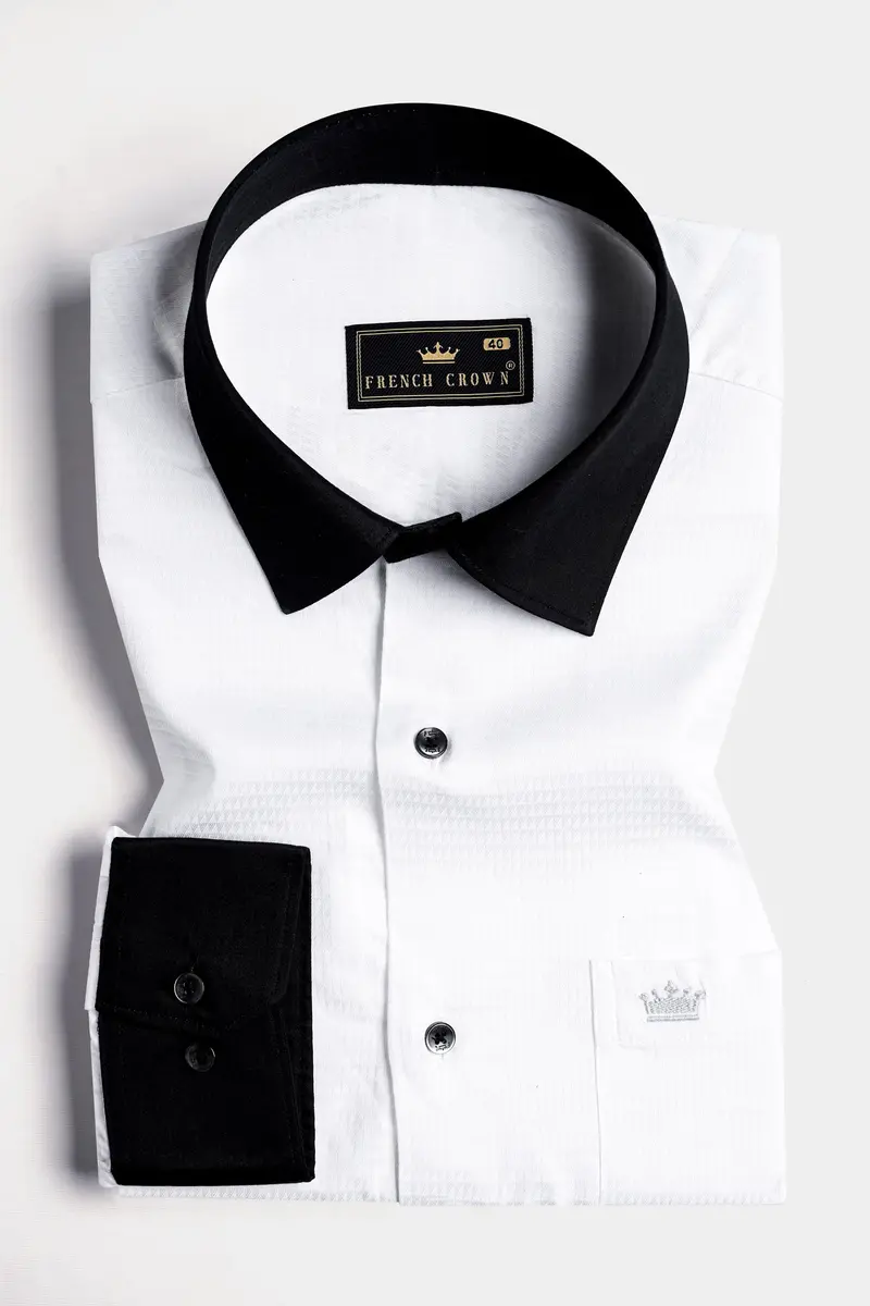 Bright White With Black Cuffs And Collar Dobby Textured Premium Giza Cotton Shirt 2