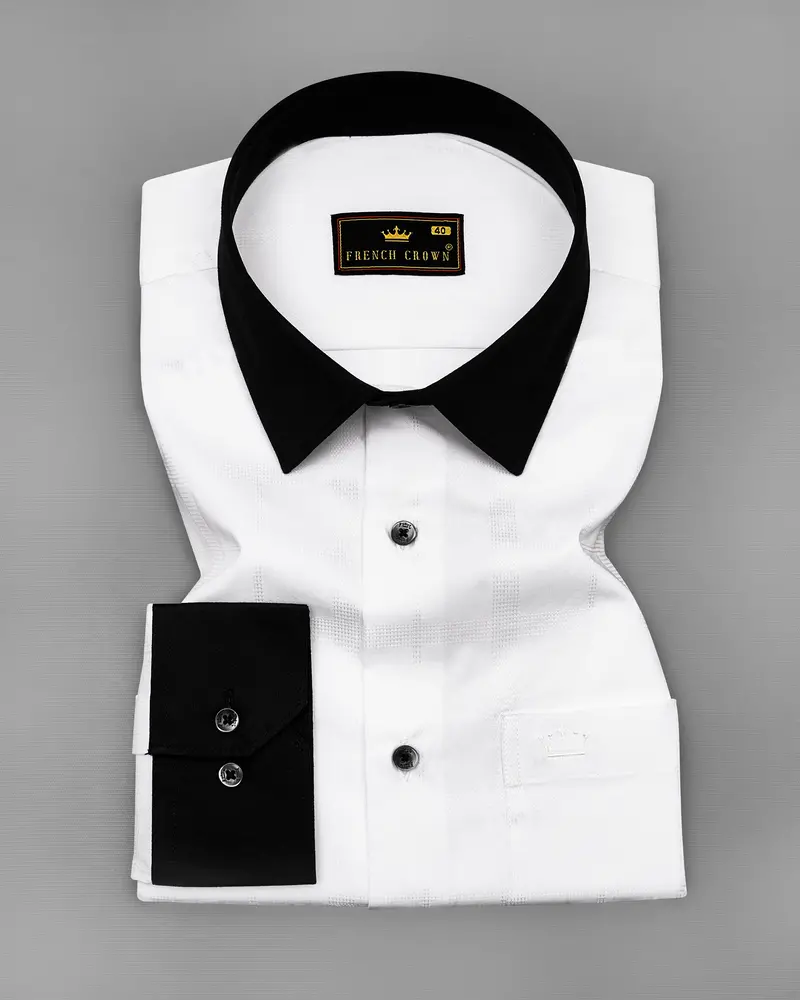 Bright White With Black Cuffs And Collar Dobby Textured Premium Giza Cotton Shirt 2