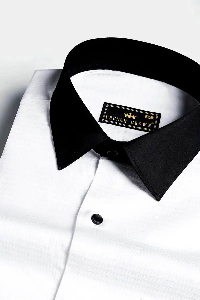 Bright White With Black Cuffs And Collar Dobby Textured Premium Giza Cotton Shirt 4