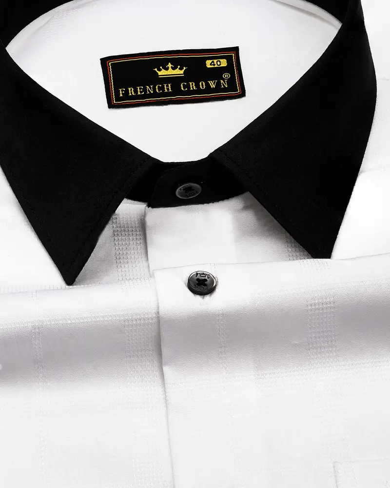 Bright White With Black Cuffs And Collar Dobby Textured Premium Giza Cotton Shirt 4