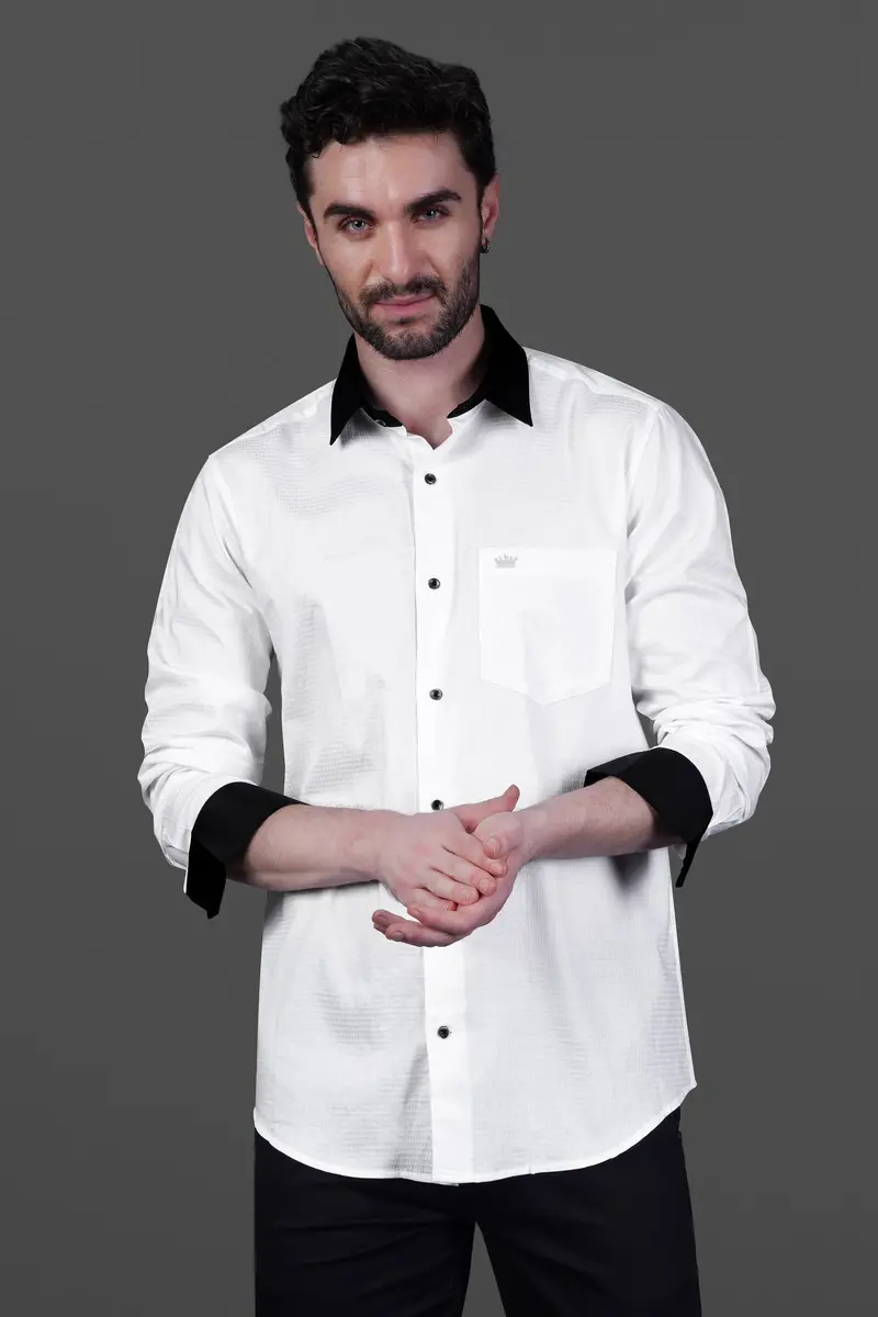 Bright White With Black Cuffs And Collar Dobby Textured Premium Giza Cotton Shirt 5