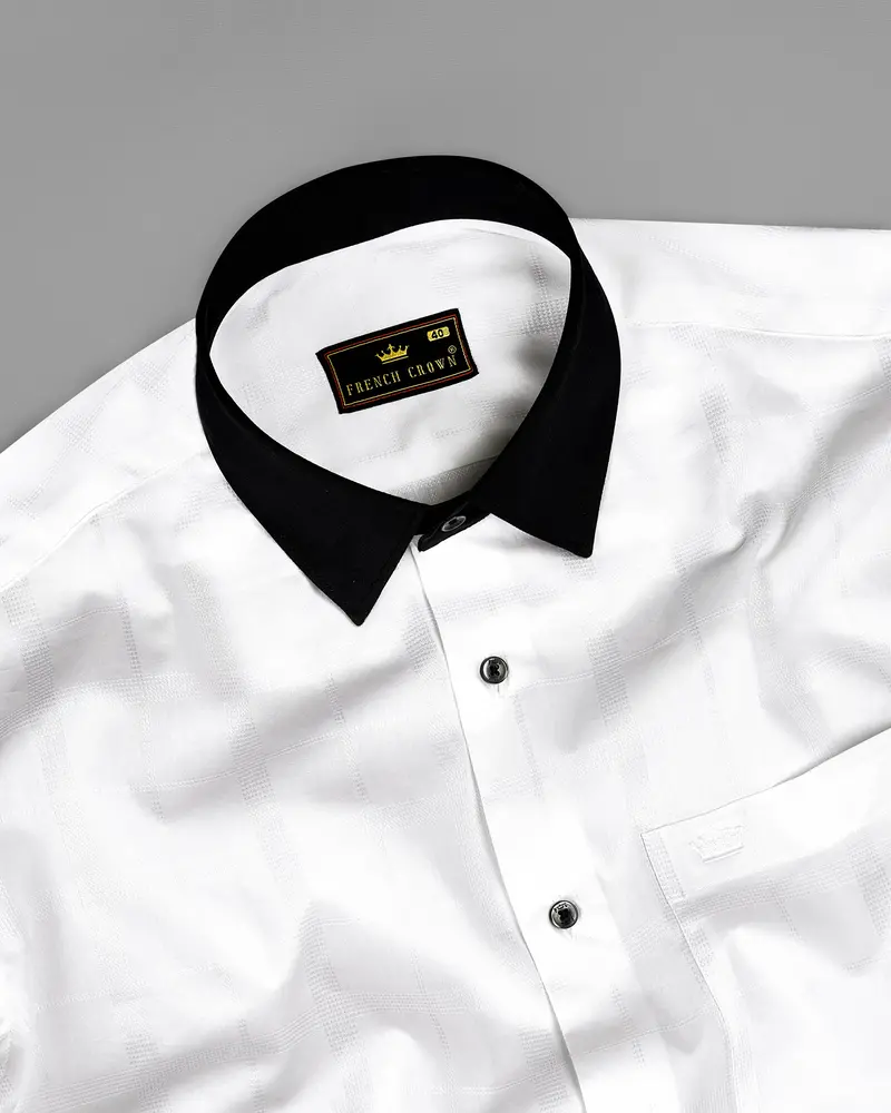 Bright White With Black Cuffs And Collar Dobby Textured Premium Giza Cotton Shirt 5