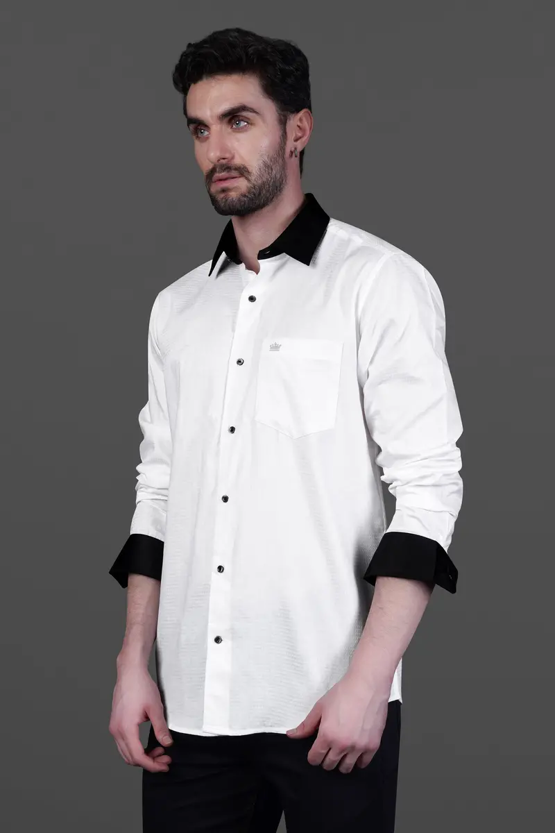 Bright White With Black Cuffs And Collar Dobby Textured Premium Giza Cotton Shirt 6