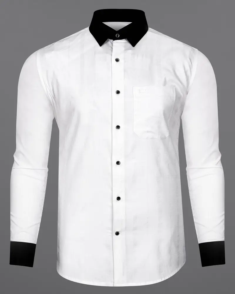 Bright White With Black Cuffs And Collar Dobby Textured Premium Giza Cotton Shirt 6