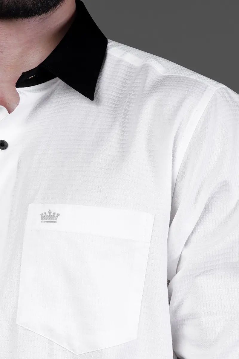 Bright White With Black Cuffs And Collar Dobby Textured Premium Giza Cotton Shirt 7