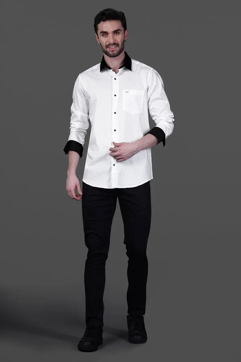 Bright White With Black Cuffs And Collar Dobby Textured Premium Giza Cotton Shirt 8