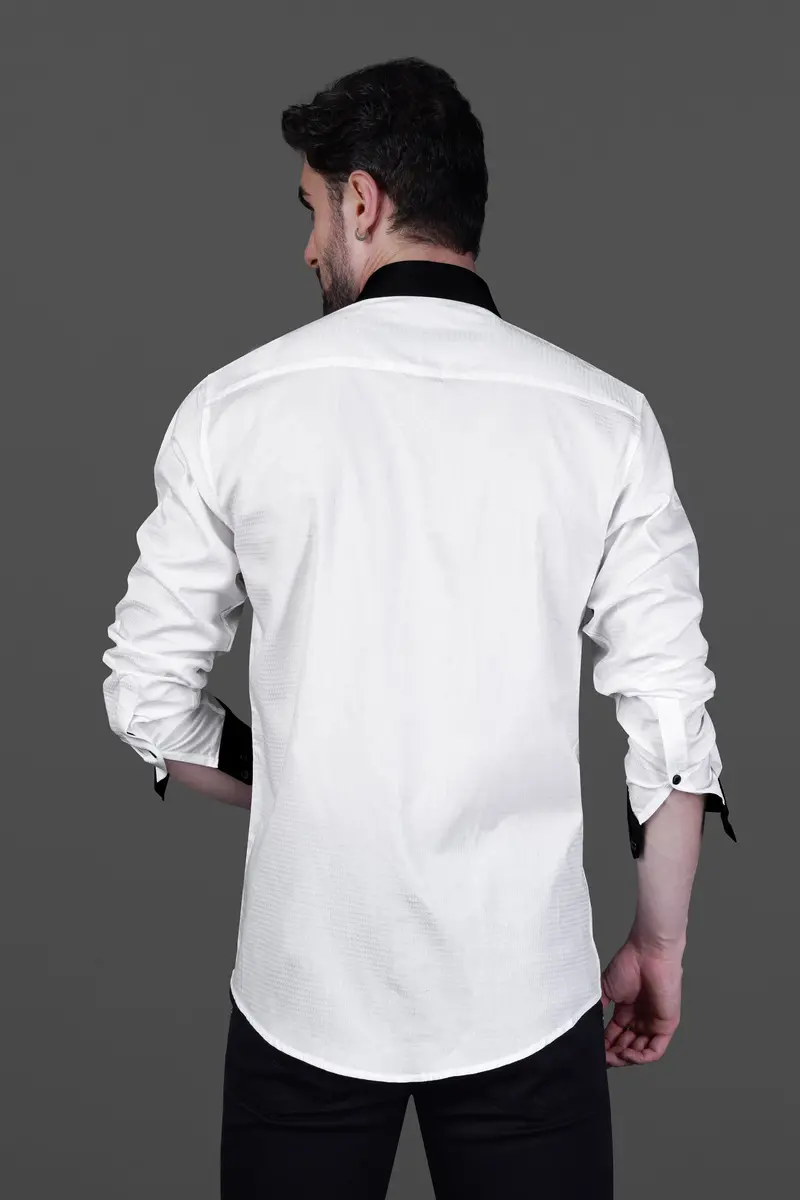Bright White With Black Cuffs And Collar Dobby Textured Premium Giza Cotton Shirt 9