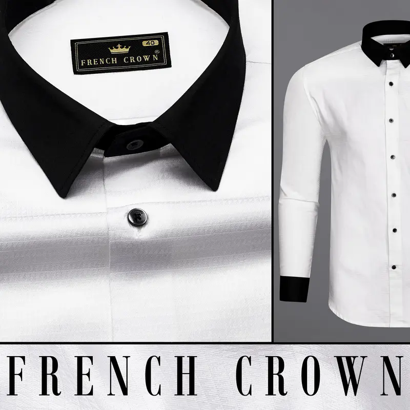 Bright White With Black Cuffs And Collar Dobby Textured Premium Giza Cotton Shirt 9