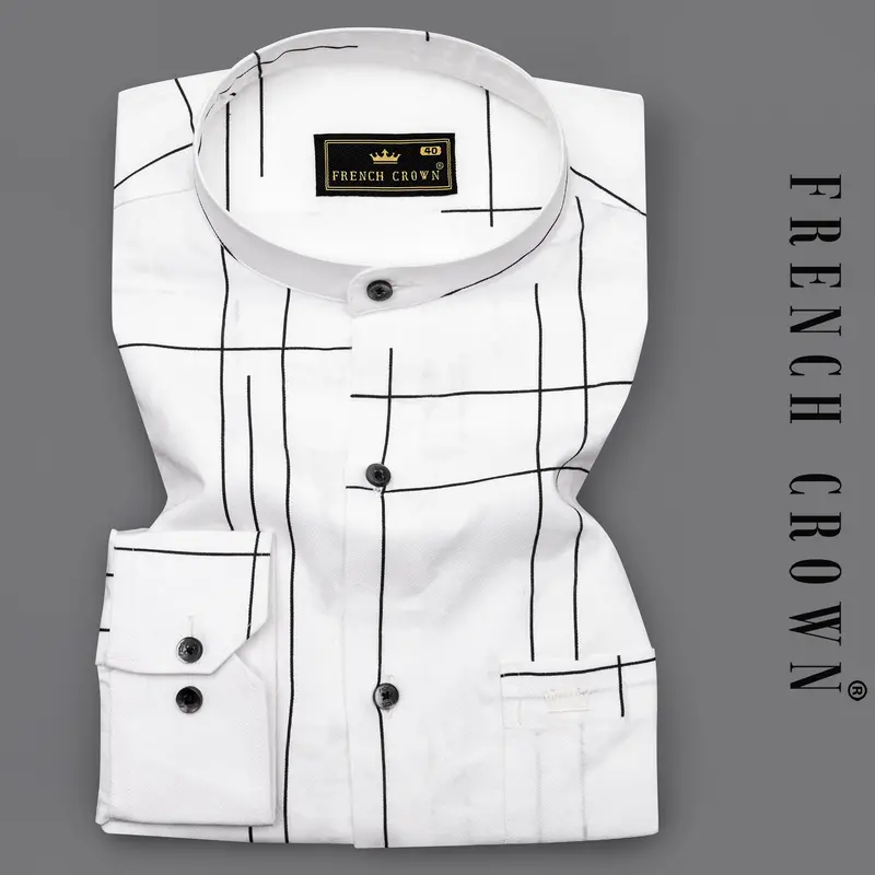 Bright White With Black Dobby Textured Premium Giza Cotton Shirt 7