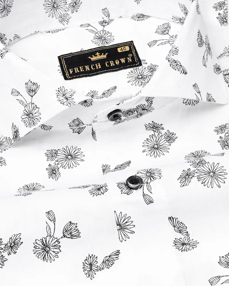 Bright White With Black Floral Dobby Textured Premium Giza Cotton Shirt 1