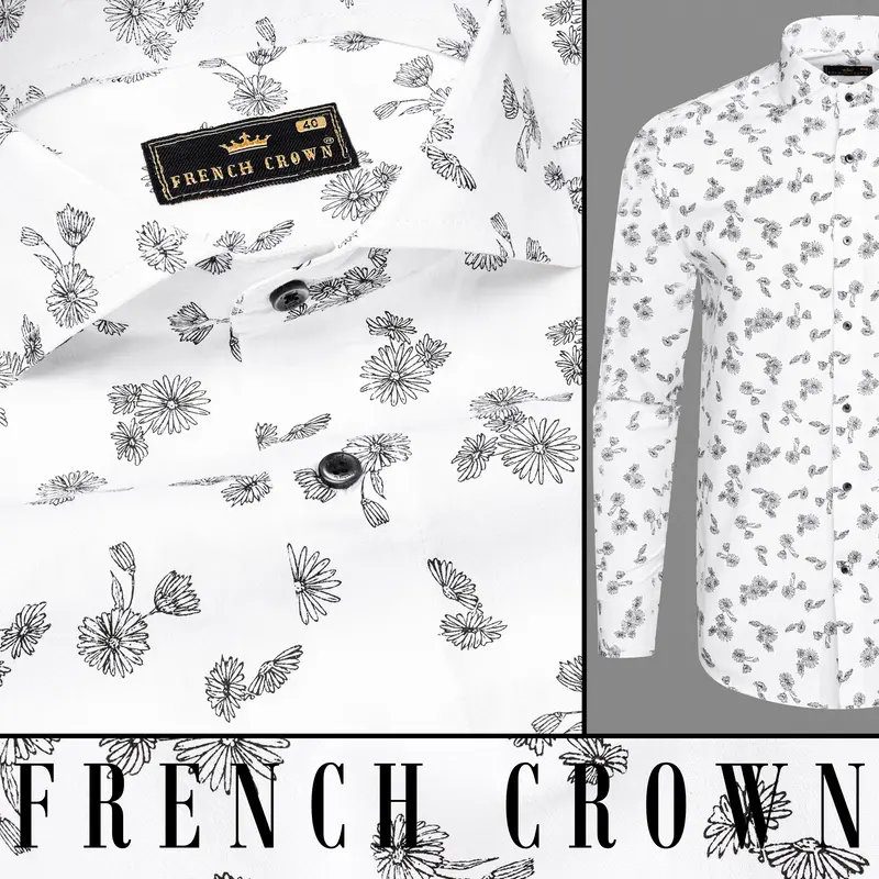 Bright White With Black Floral Dobby Textured Premium Giza Cotton Shirt 10