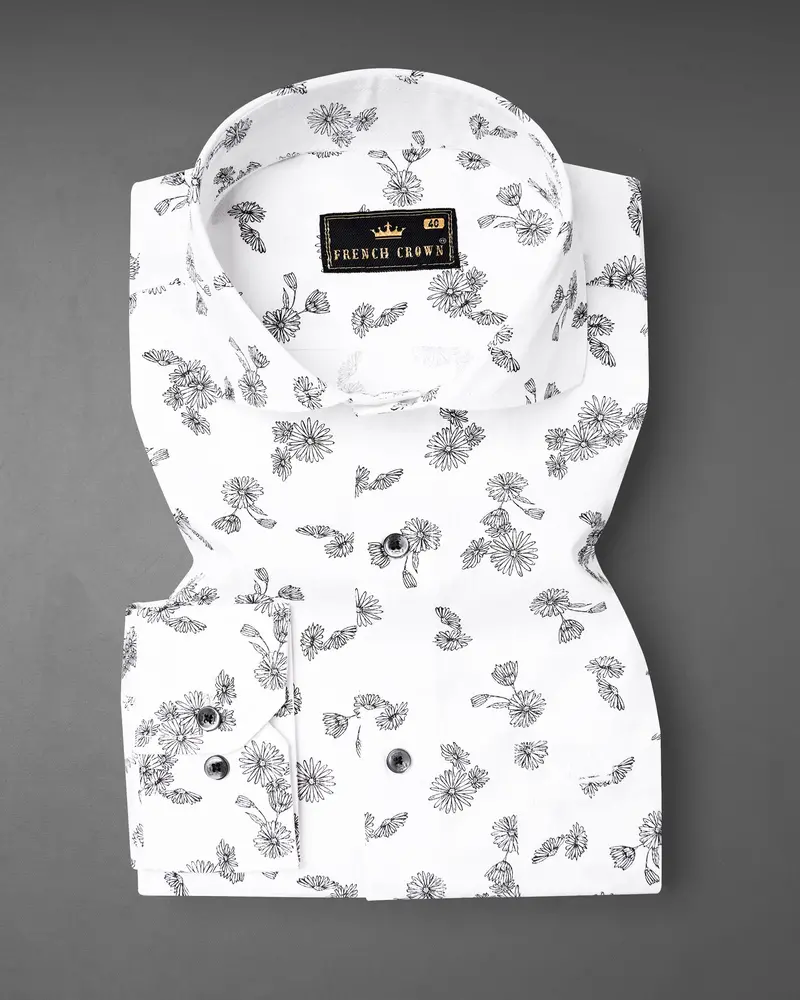 Bright White With Black Floral Dobby Textured Premium Giza Cotton Shirt 3