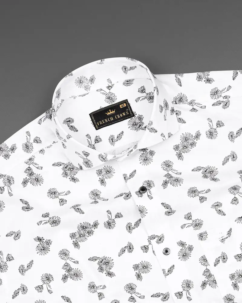 Bright White With Black Floral Dobby Textured Premium Giza Cotton Shirt 4