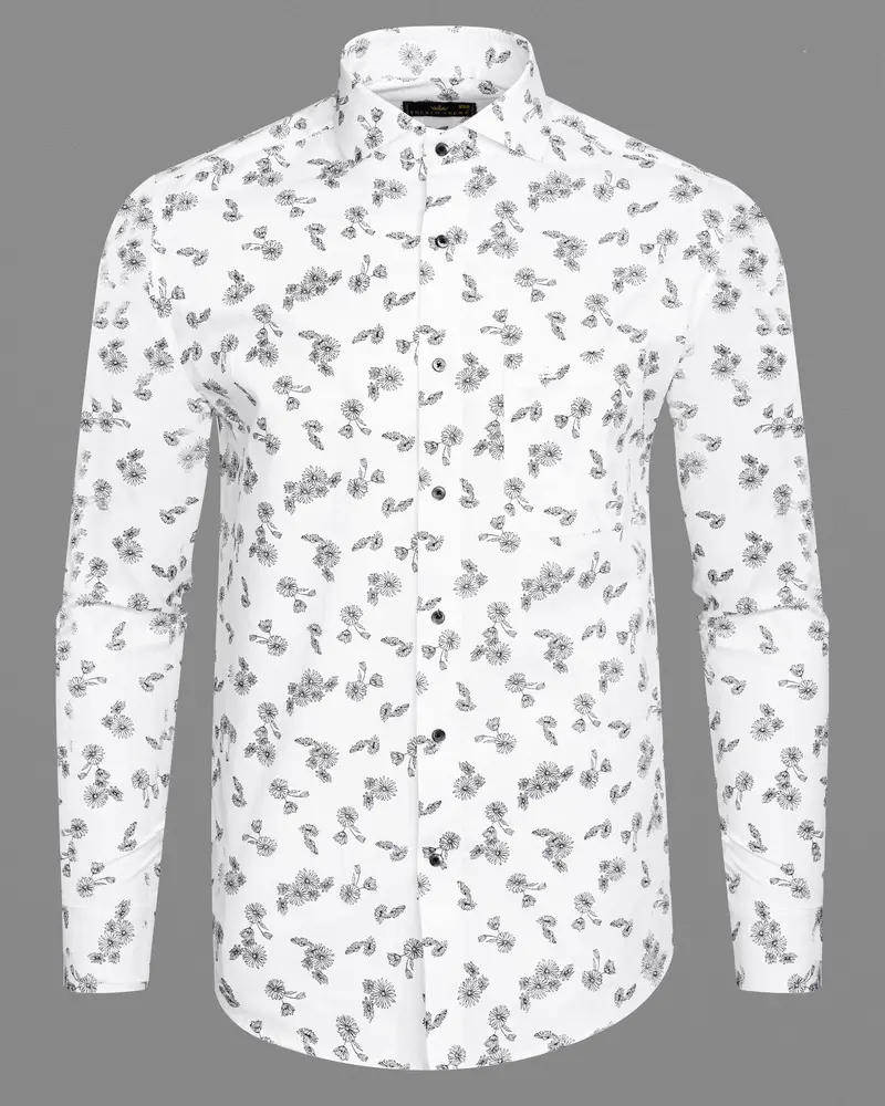 Bright White With Black Floral Dobby Textured Premium Giza Cotton Shirt 5