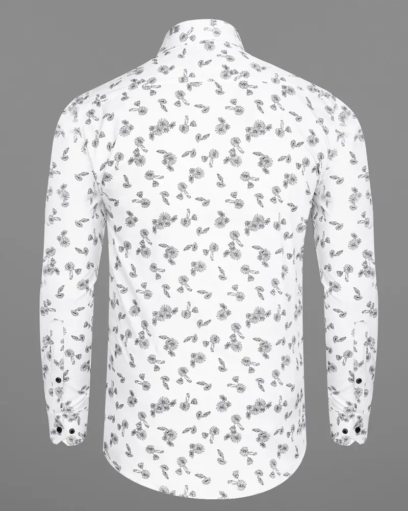 Bright White With Black Floral Dobby Textured Premium Giza Cotton Shirt 6