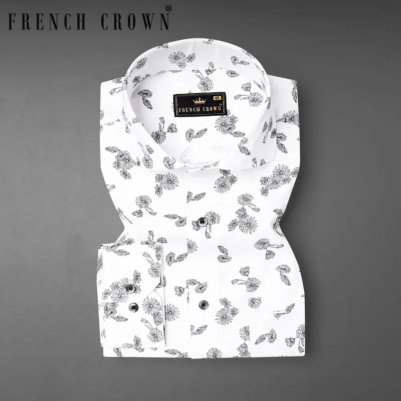 Bright White With Black Floral Dobby Textured Premium Giza Cotton Shirt 7