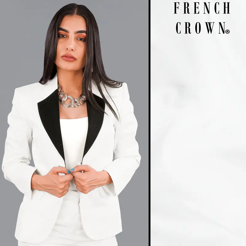 Bright White With Black Patch Collar Premium Cotton Women's Blazer 1