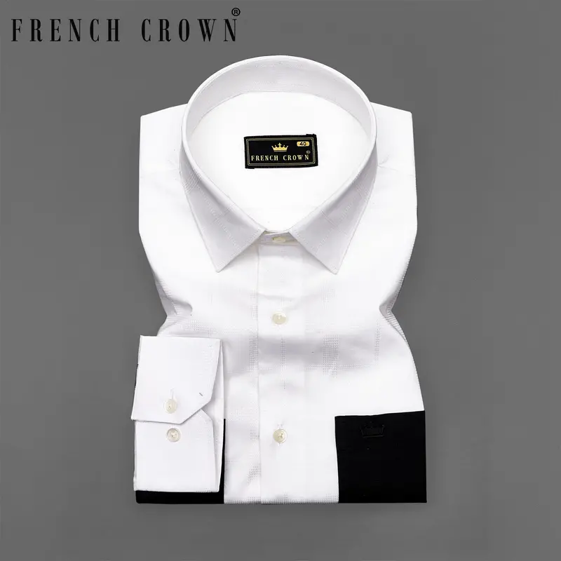 Bright White With Black Patch Pockets Dobby Textured Premium Giza Cotton Designer Shirt 1