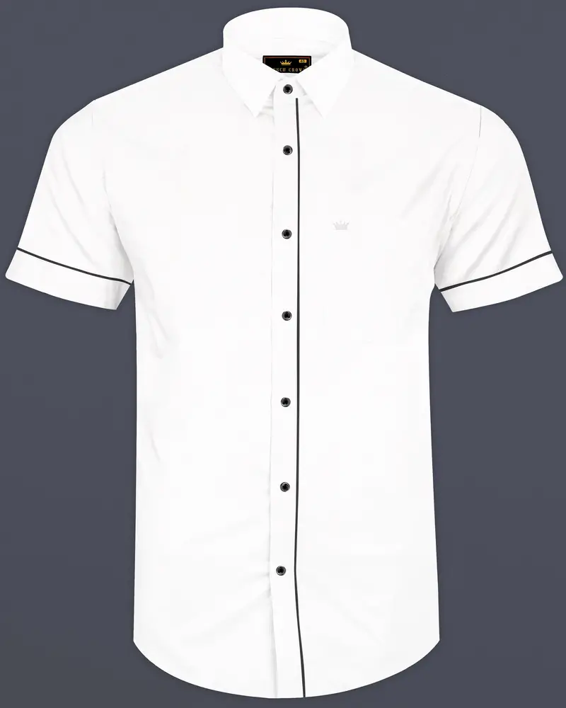 Bright White With Black Piping Luxurious Linen Shirt 1