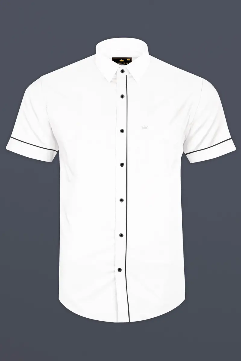 Bright White With Black Piping Luxurious Linen Shirt 2