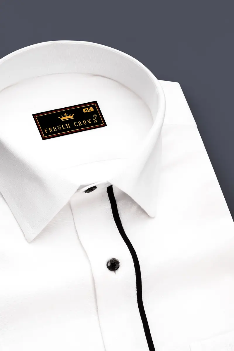 Bright White With Black Piping Luxurious Linen Shirt 4