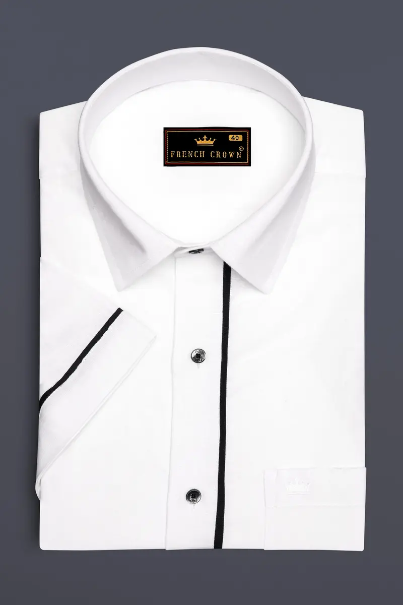 Bright White With Black Piping Luxurious Linen Shirt 5