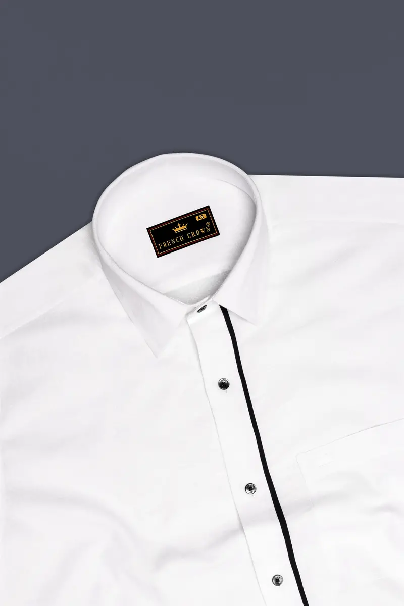 Bright White With Black Piping Luxurious Linen Shirt 6