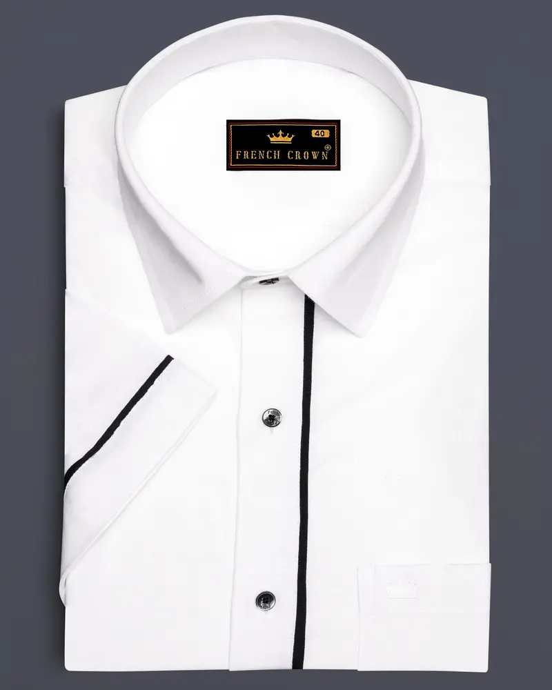 Bright White With Black Piping Luxurious Linen Shirt 8