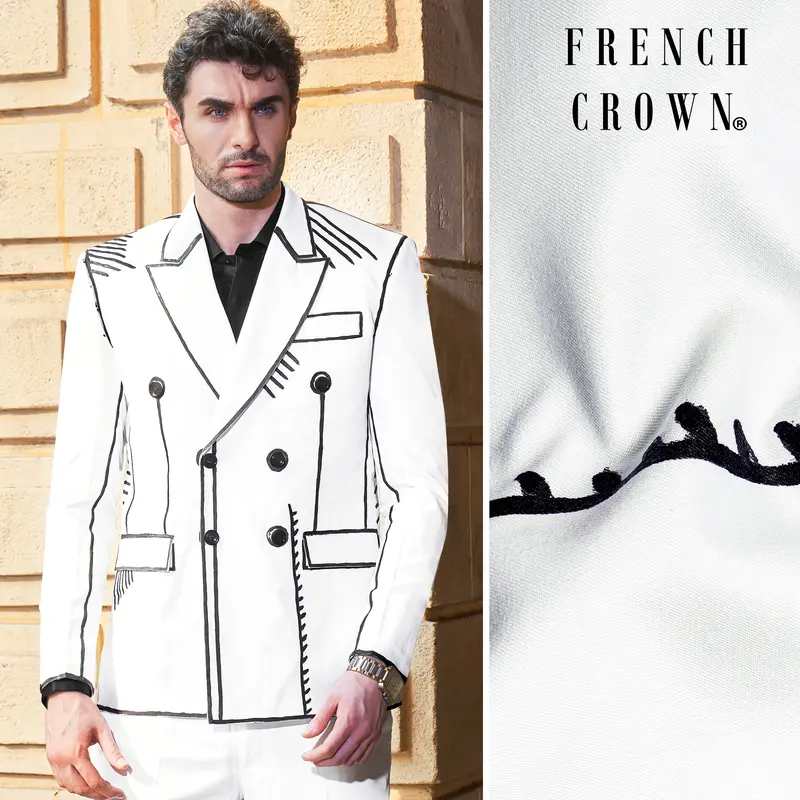 Bright White With Black Stretchable Hand Painted Luxurious Linen Designer Blazer 1