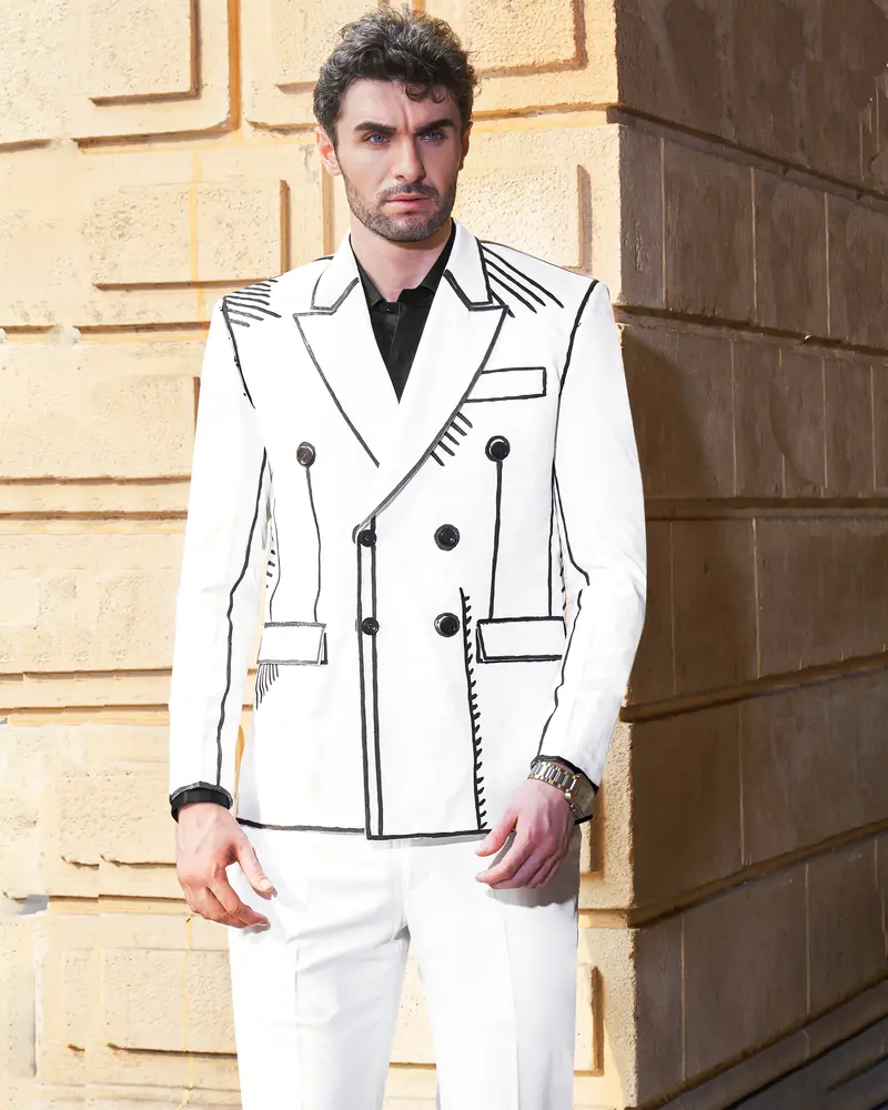 Bright White With Black Stretchable Hand Painted Luxurious Linen Designer Suit 1