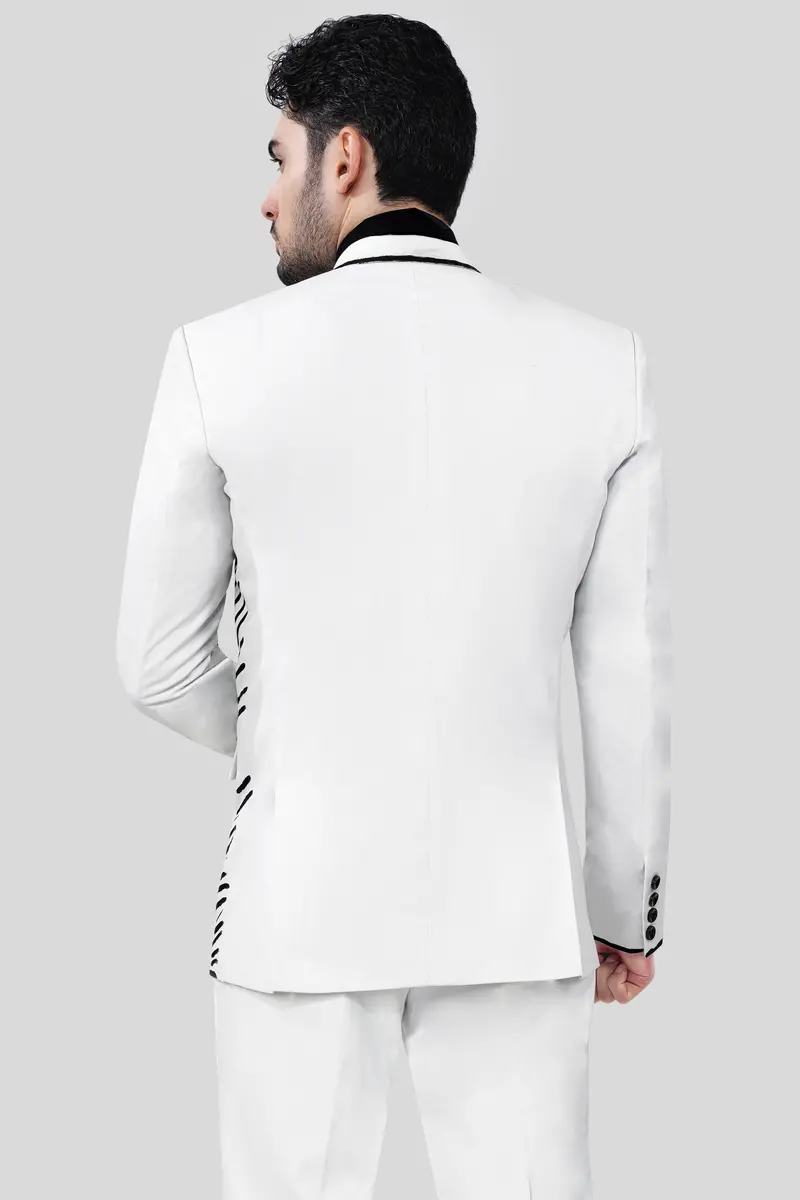 Bright White With Black Stretchable Hand Painted Luxurious Linen Designer Suit 10