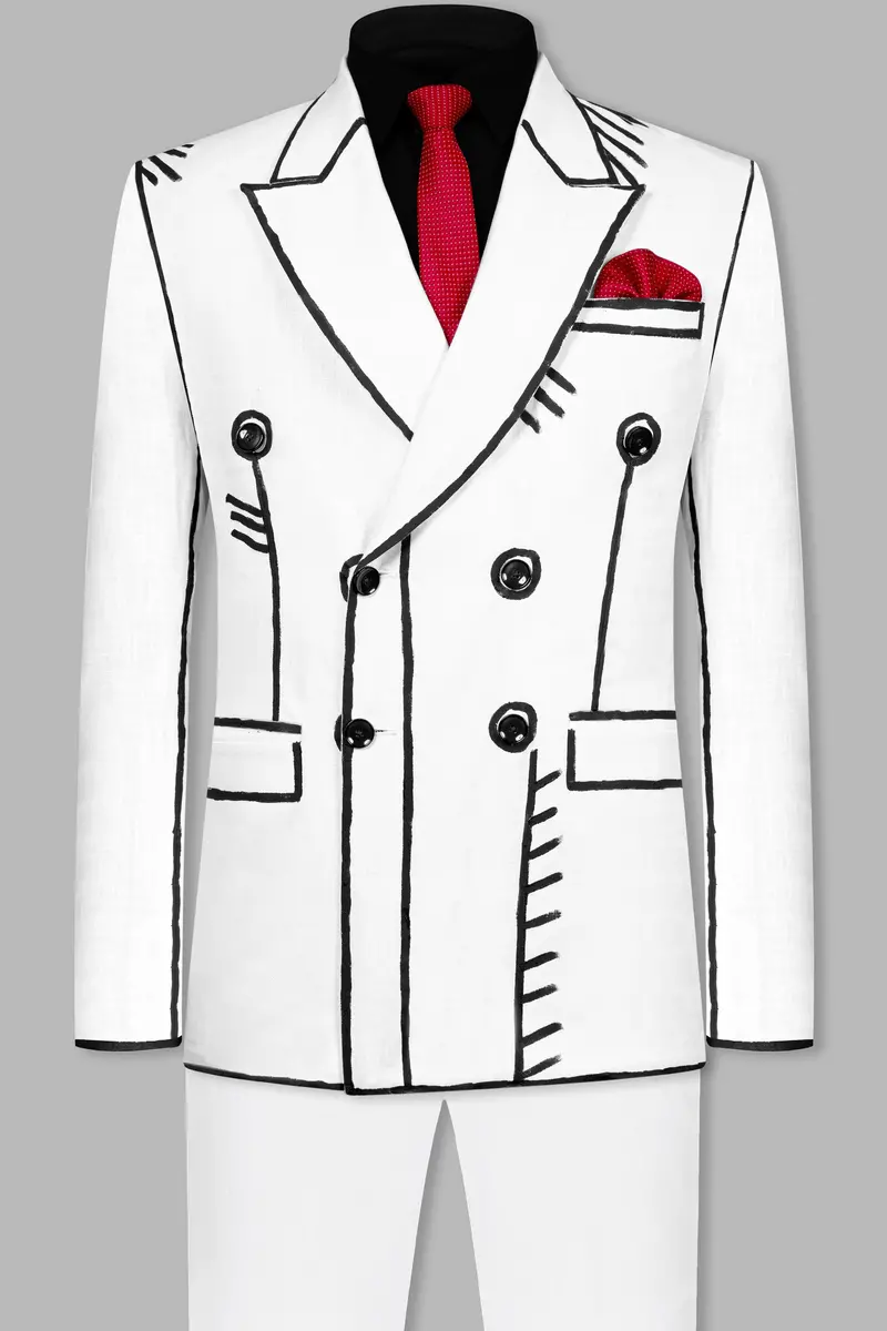 Bright White With Black Stretchable Hand Painted Luxurious Linen Designer Suit 12