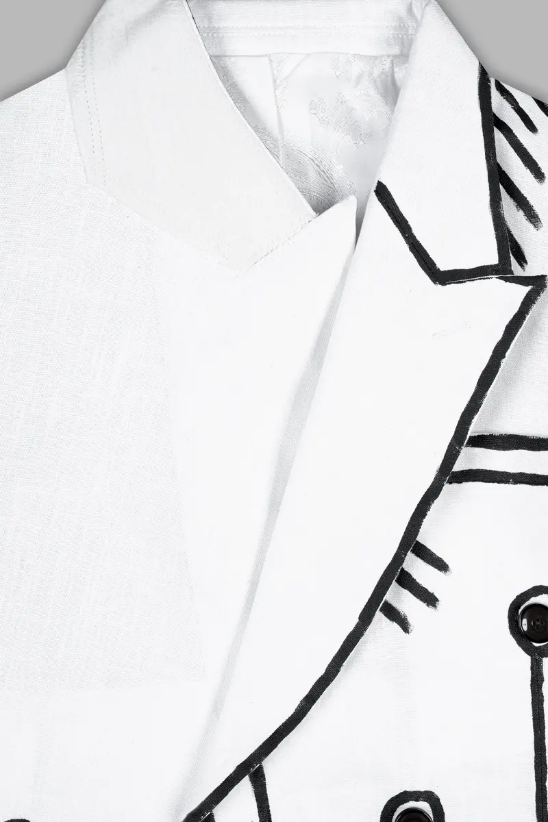 Bright White With Black Stretchable Hand Painted Luxurious Linen Designer Suit 13