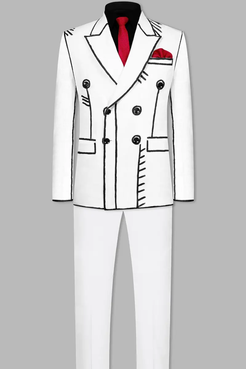 Bright White With Black Stretchable Hand Painted Luxurious Linen Designer Suit 14