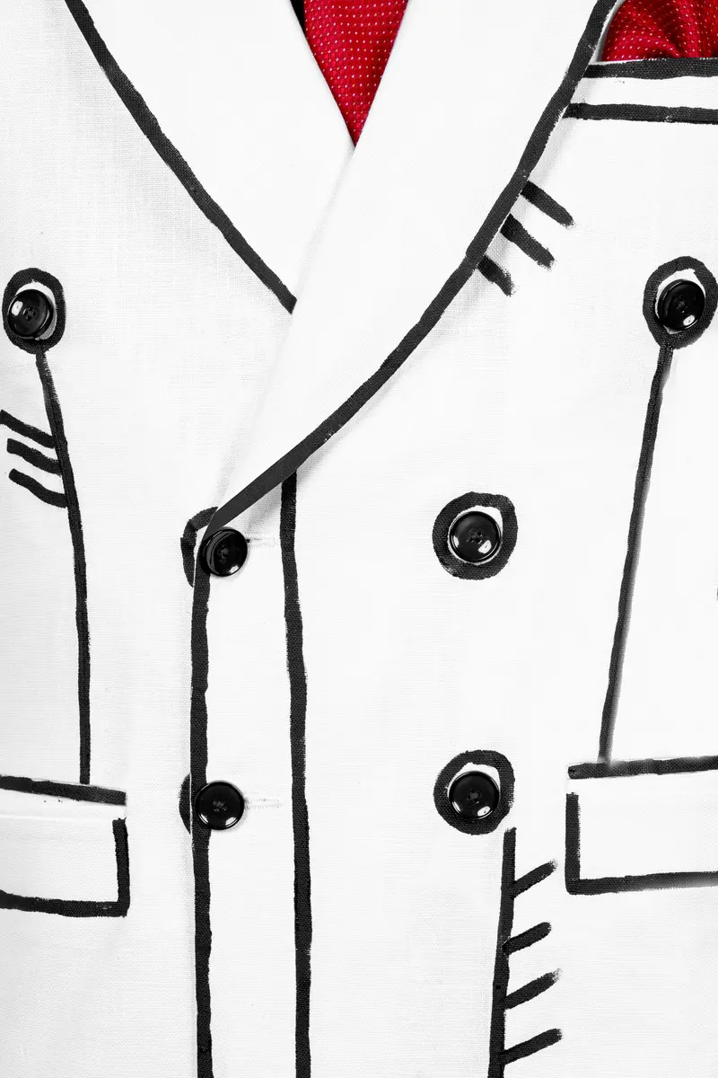 Bright White With Black Stretchable Hand Painted Luxurious Linen Designer Suit 16