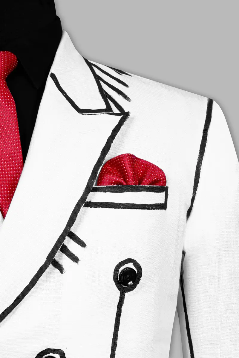 Bright White With Black Stretchable Hand Painted Luxurious Linen Designer Suit 17