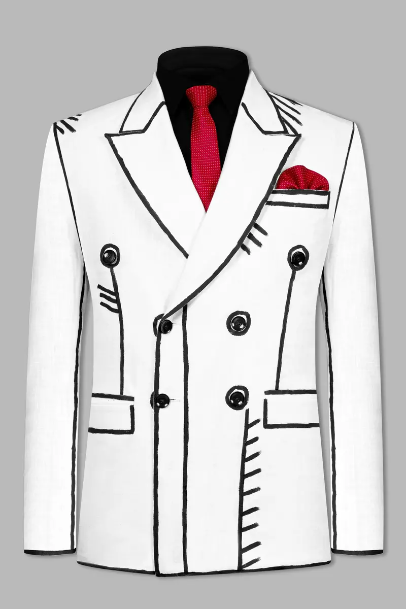 Bright White With Black Stretchable Hand Painted Luxurious Linen Designer Suit 18