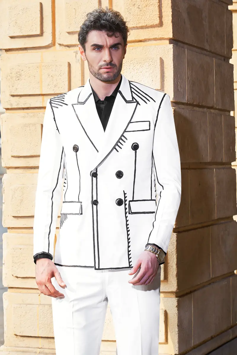 Bright White With Black Stretchable Hand Painted Luxurious Linen Designer Suit 2