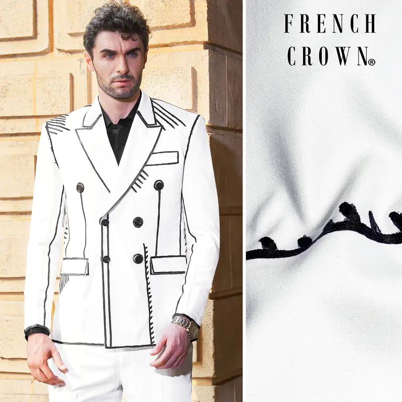 Bright White With Black Stretchable Hand Painted Luxurious Linen Designer Suit 22