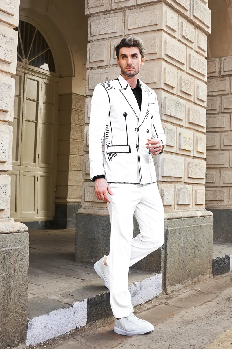Bright White With Black Stretchable Hand Painted Luxurious Linen Designer Suit 4