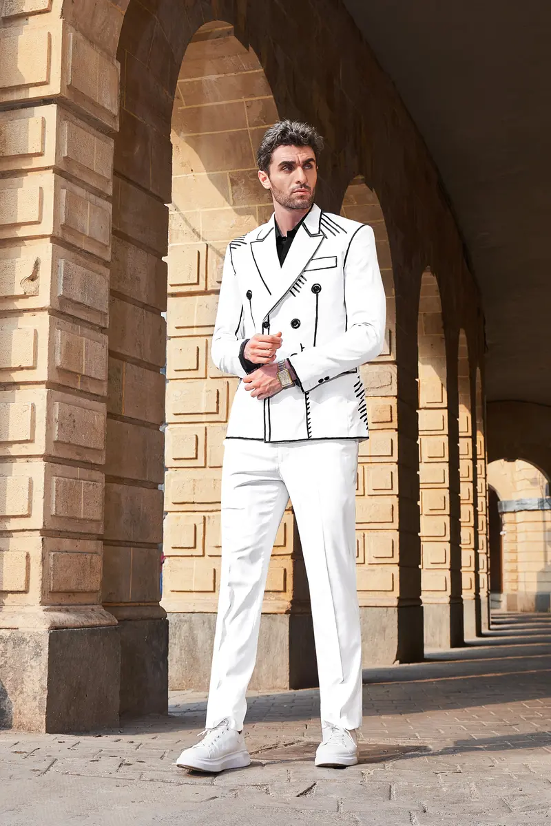 Bright White With Black Stretchable Hand Painted Luxurious Linen Designer Suit 5