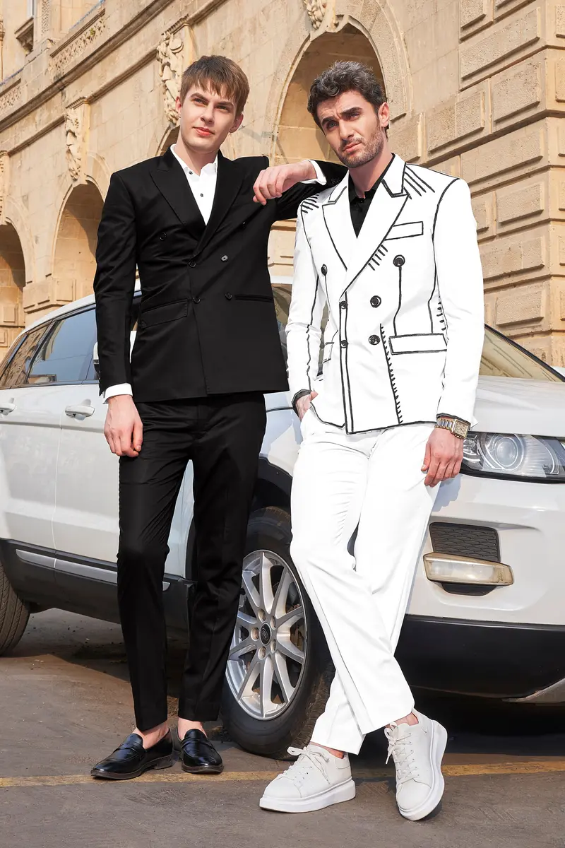 Bright White With Black Stretchable Hand Painted Luxurious Linen Designer Suit 6