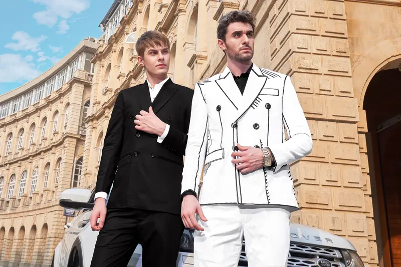Bright White With Black Stretchable Hand Painted Luxurious Linen Designer Suit 7