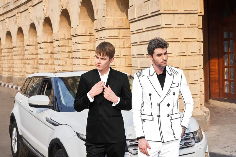 Bright White With Black Stretchable Hand Painted Luxurious Linen Designer Suit 8